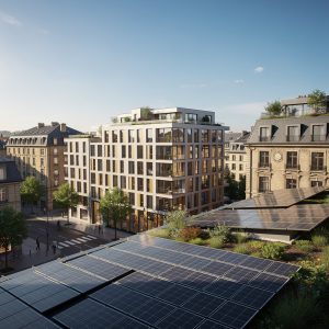 Edifici moderni e sostenibilità energetica: visualizzazione concettuale della certificazione APE e risparmio energetico in ambito urbano