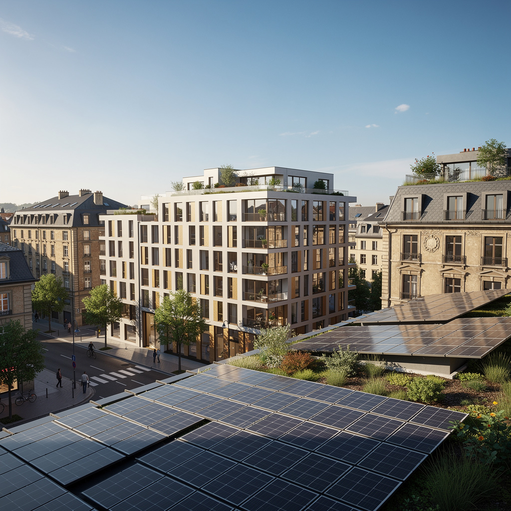 Edifici moderni e sostenibilità energetica: visualizzazione concettuale della certificazione APE e risparmio energetico in ambito urbano